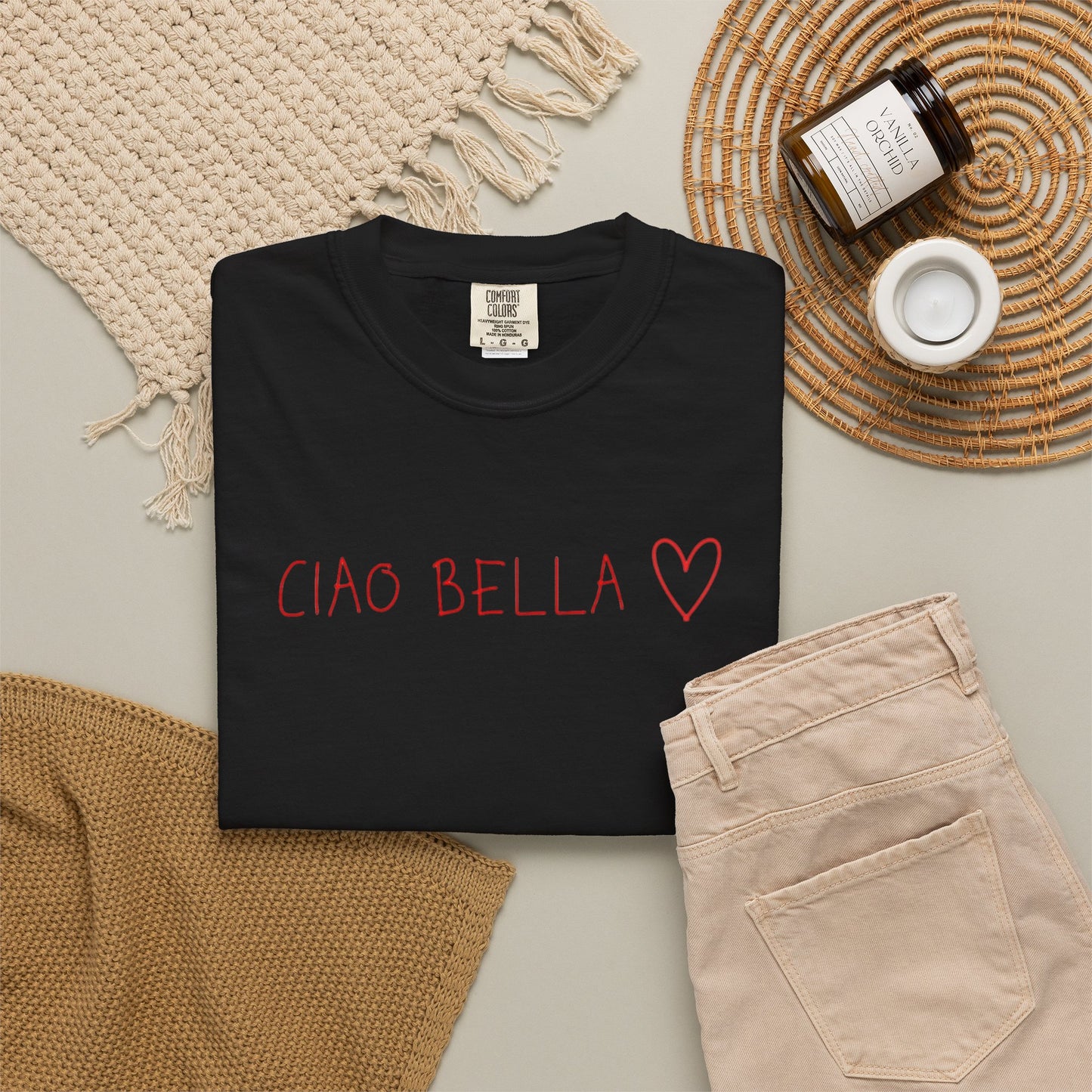 Ciao Bella Heart Tee — Feminine Italian Script