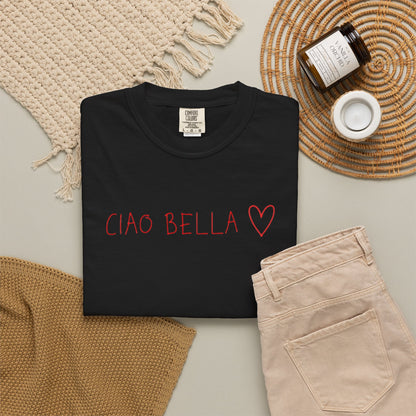Ciao Bella Heart Tee — Feminine Italian Script