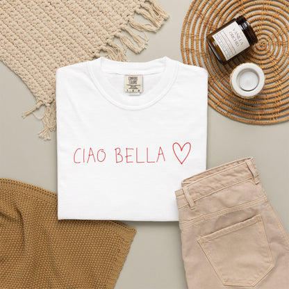 Ciao Bella Heart Tee — Feminine Italian Script