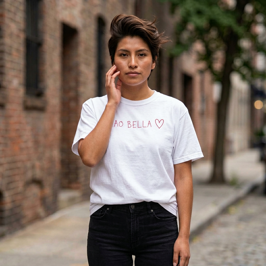 Ciao Bella Heart Tee — Feminine Italian Script