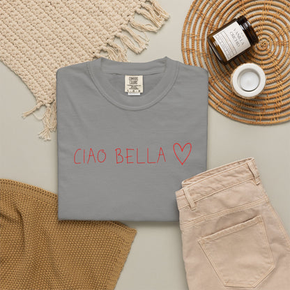 Ciao Bella Heart Tee — Feminine Italian Script